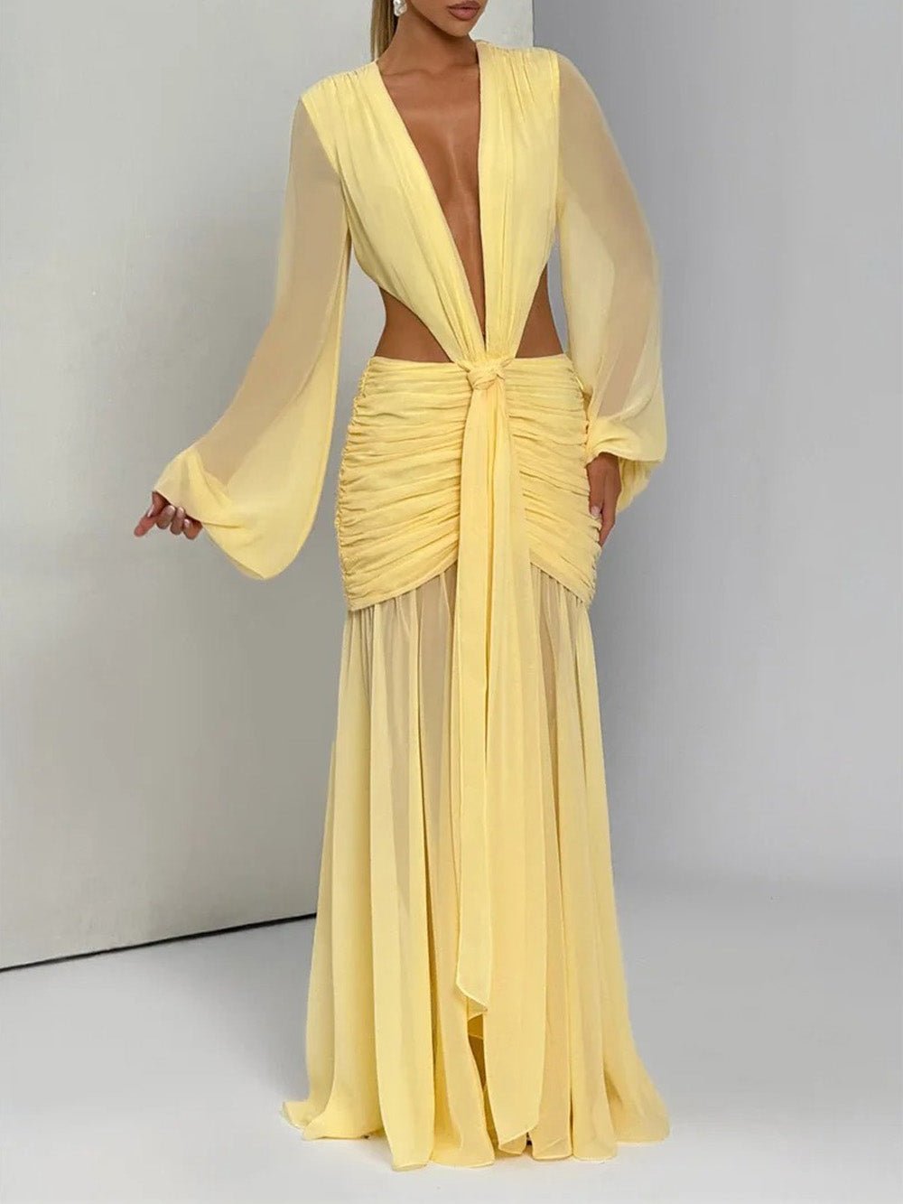 Deep V-Neck Waist Cut Out Lantern Sleeve Ruched Hip Sheer Maxi Dress