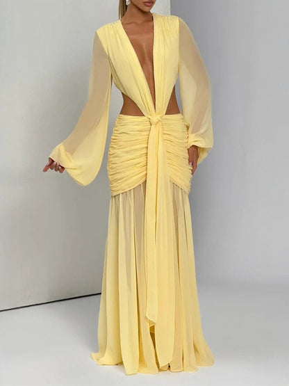 Deep V-Neck Waist Cut Out Lantern Sleeve Ruched Hip Sheer Maxi Dress