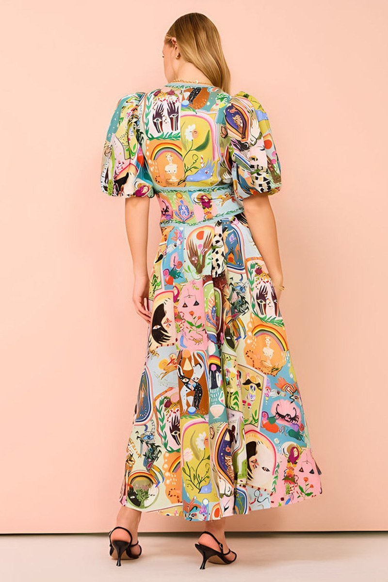 Mystical Illustration Print Deep V-Neck Puff Sleeve Corset Waist Button-Front Midi Dress