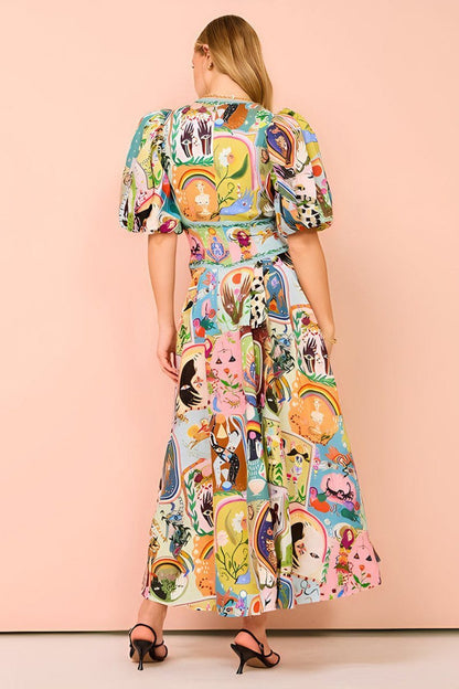Mystical Illustration Print Deep V-Neck Puff Sleeve Corset Waist Button-Front Midi Dress