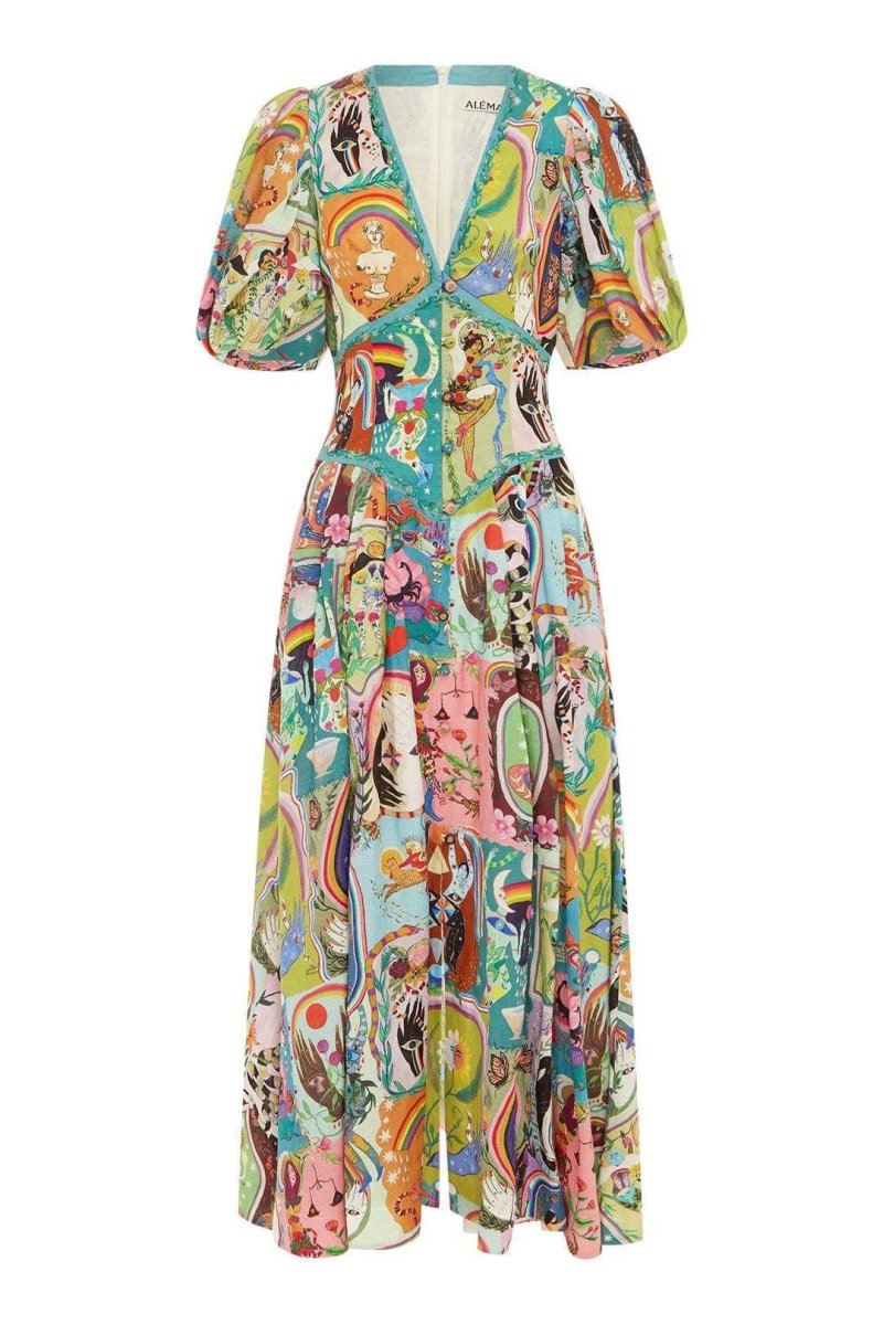 Mystical Illustration Print Deep V-Neck Puff Sleeve Corset Waist Button-Front Midi Dress