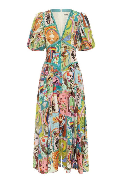 Mystical Illustration Print Deep V-Neck Puff Sleeve Corset Waist Button-Front Midi Dress