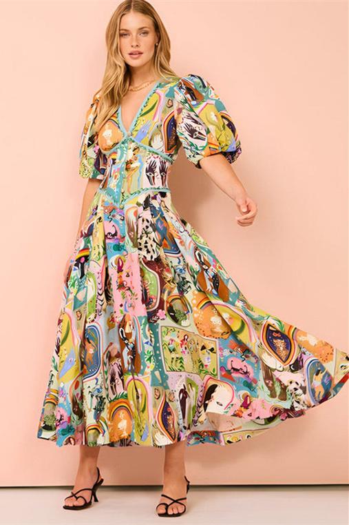 Mystical Illustration Print Deep V-Neck Puff Sleeve Corset Waist Button-Front Midi Dress