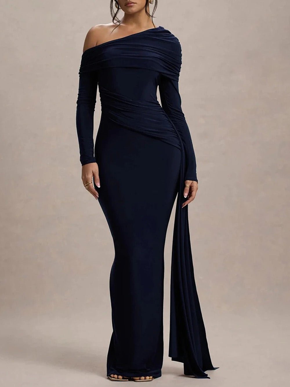 One-Shoulder Long Sleeve Ruched Side Sash Mermaid Hem Maxi Gown