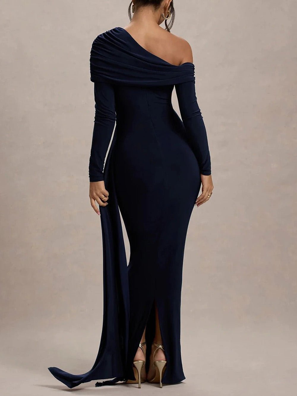 One-Shoulder Long Sleeve Ruched Side Sash Mermaid Hem Maxi Gown