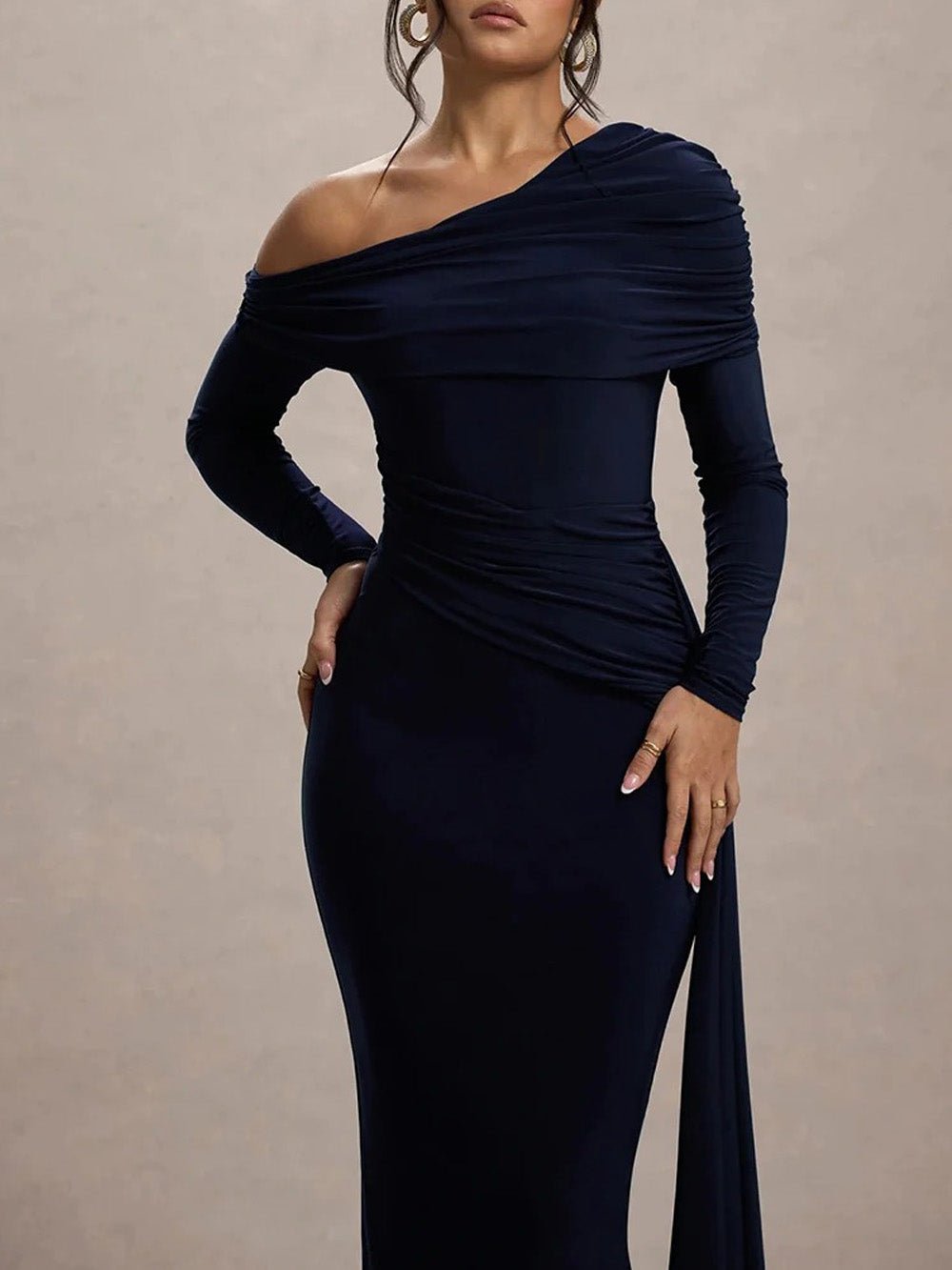 One-Shoulder Long Sleeve Ruched Side Sash Mermaid Hem Maxi Gown