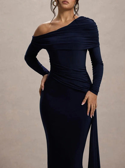 One-Shoulder Long Sleeve Ruched Side Sash Mermaid Hem Maxi Gown