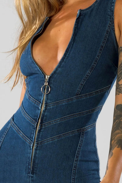 | Fitted Denim Jumpsuit with Plunge Neck and Flared Legs