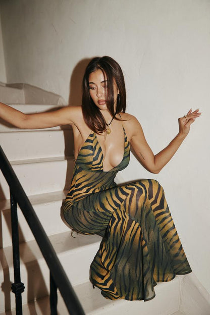 Tiger Print Mesh Crisscross Back Side Cutout Bodycon Maxi Dress