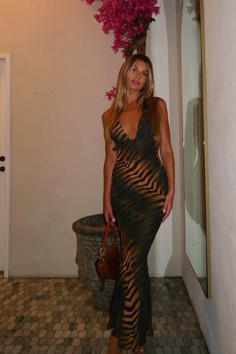 Tiger Print Mesh Crisscross Back Side Cutout Bodycon Maxi Dress
