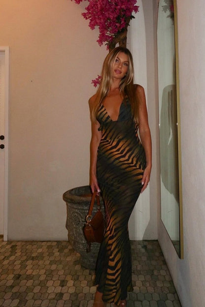 Tiger Print Mesh Crisscross Back Side Cutout Bodycon Maxi Dress