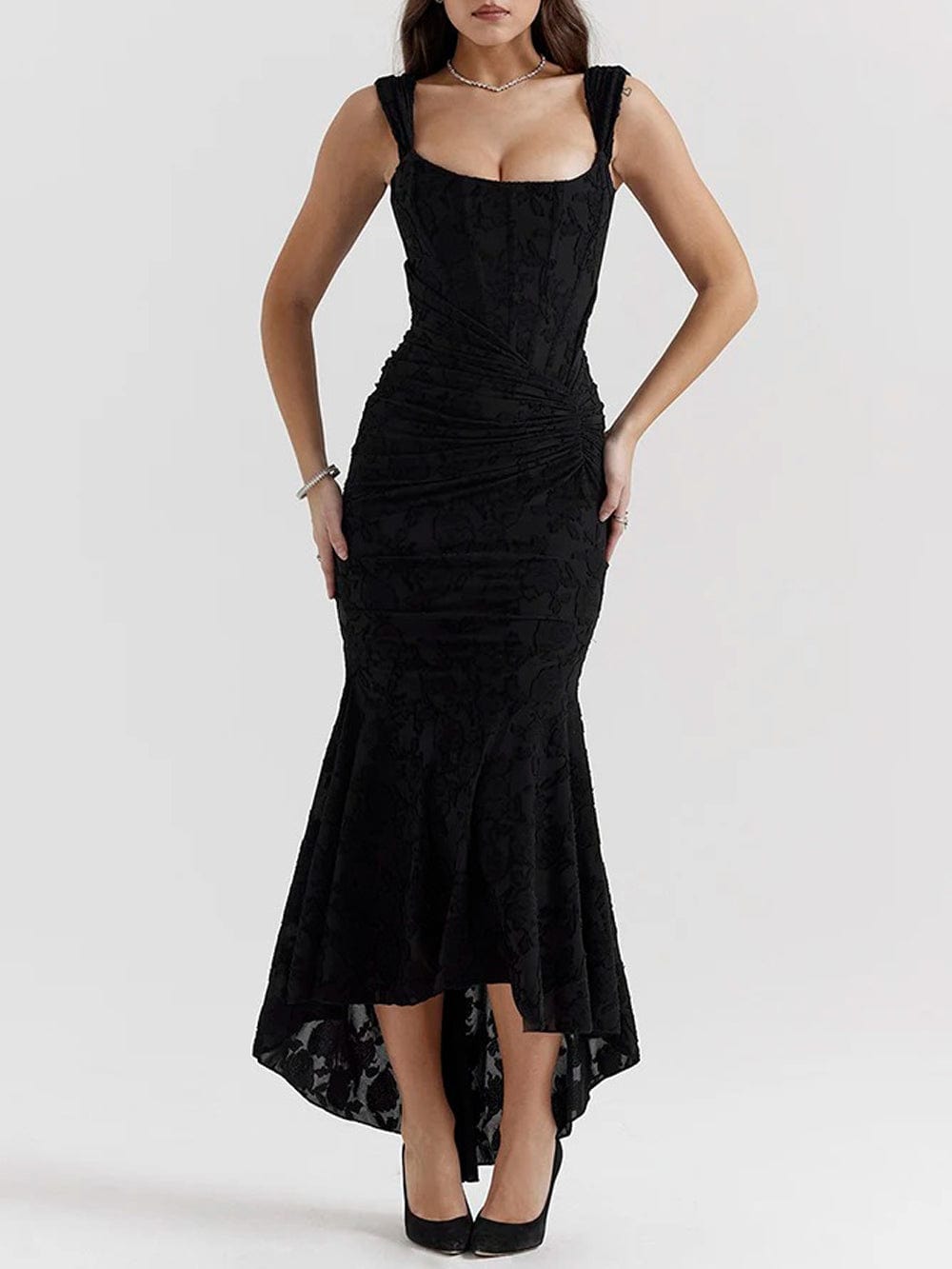 Sweetheart Corset Off-Shoulder Ruched Floral Jacquard High-Low Maxi Dress
