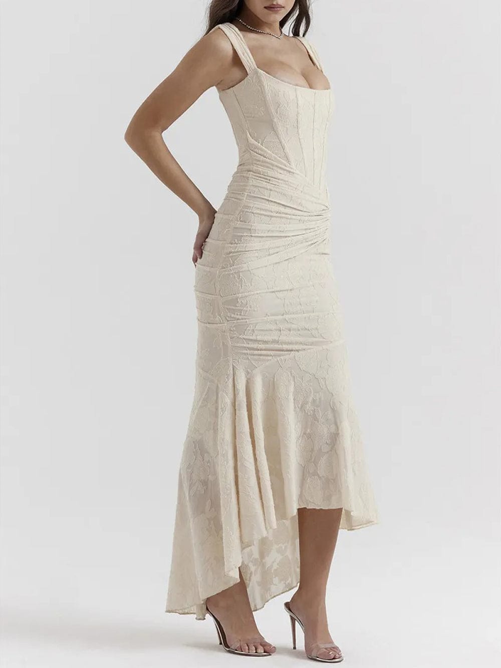 Sweetheart Corset Off-Shoulder Ruched Floral Jacquard High-Low Maxi Dress