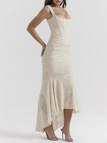 Sweetheart Corset Off-Shoulder Ruched Floral Jacquard High-Low Maxi Dress