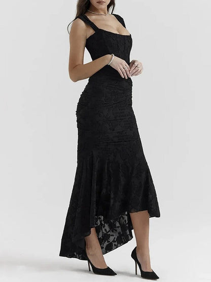 Sweetheart Corset Off-Shoulder Ruched Floral Jacquard High-Low Maxi Dress