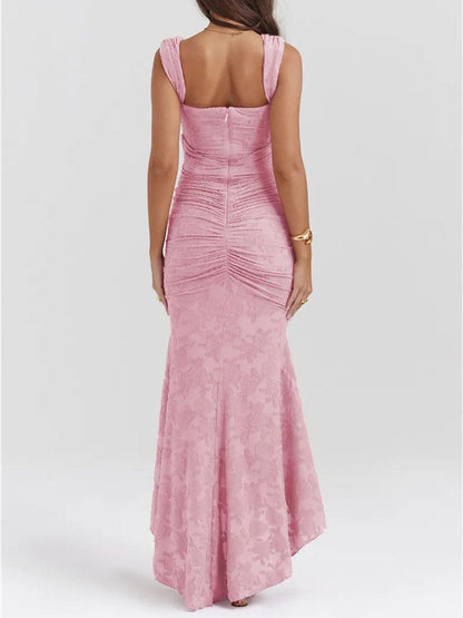 Sweetheart Corset Off-Shoulder Ruched Floral Jacquard High-Low Maxi Dress