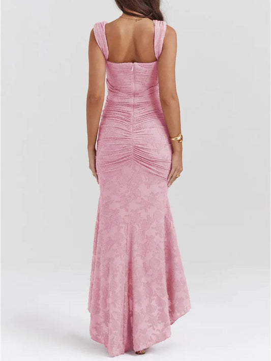Sweetheart Corset Off-Shoulder Ruched Floral Jacquard High-Low Maxi Dress