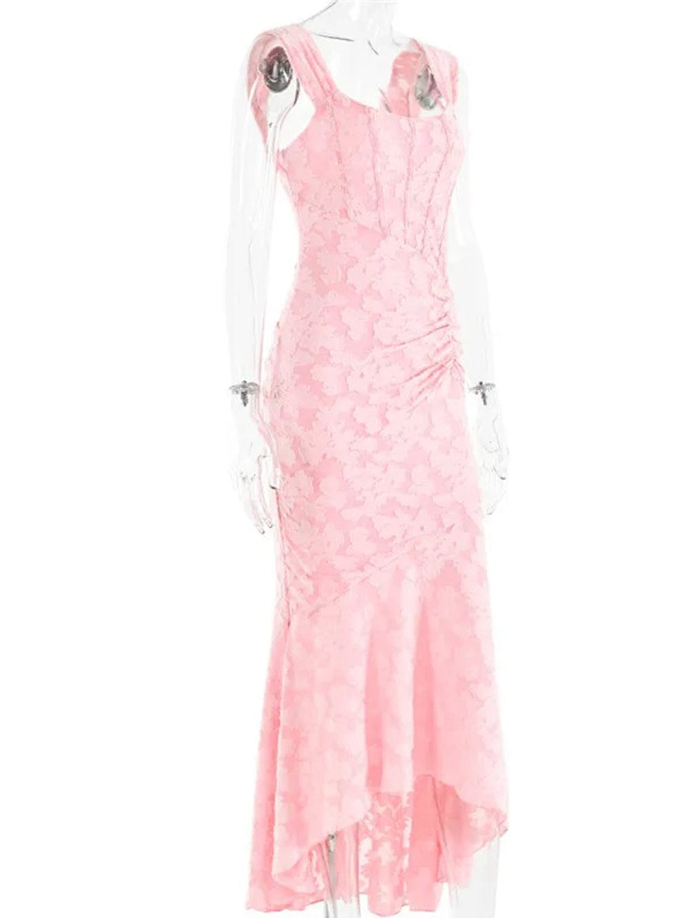 Sweetheart Corset Off-Shoulder Ruched Floral Jacquard High-Low Maxi Dress