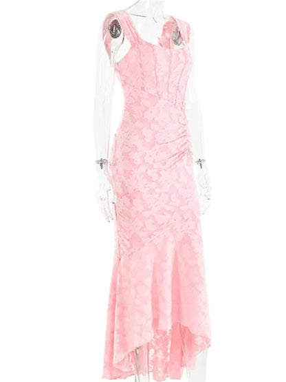 Sweetheart Corset Off-Shoulder Ruched Floral Jacquard High-Low Maxi Dress