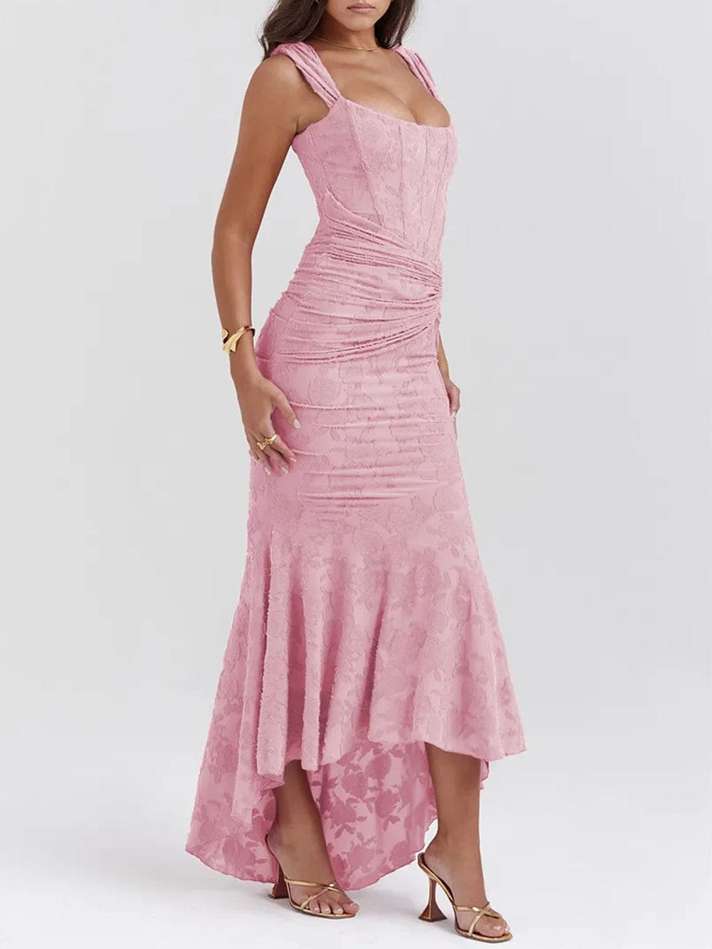 Sweetheart Corset Off-Shoulder Ruched Floral Jacquard High-Low Maxi Dress