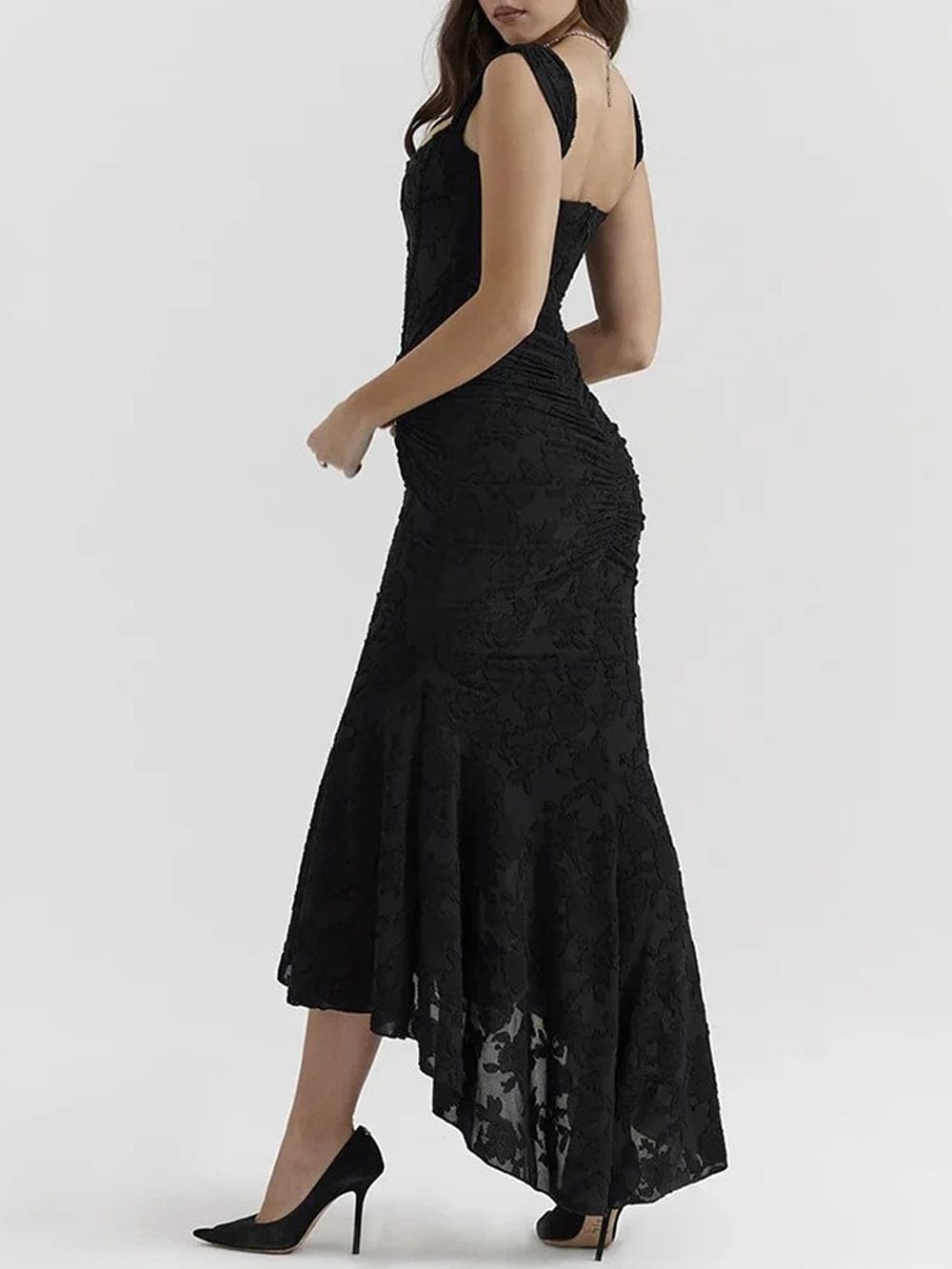 Sweetheart Corset Off-Shoulder Ruched Floral Jacquard High-Low Maxi Dress
