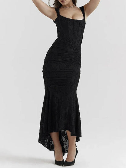 Sweetheart Corset Off-Shoulder Ruched Floral Jacquard High-Low Maxi Dress