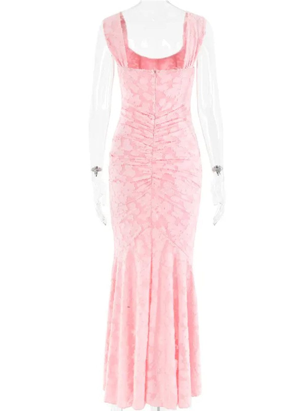 Sweetheart Corset Off-Shoulder Ruched Floral Jacquard High-Low Maxi Dress