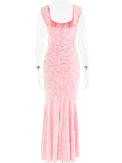 Sweetheart Corset Off-Shoulder Ruched Floral Jacquard High-Low Maxi Dress