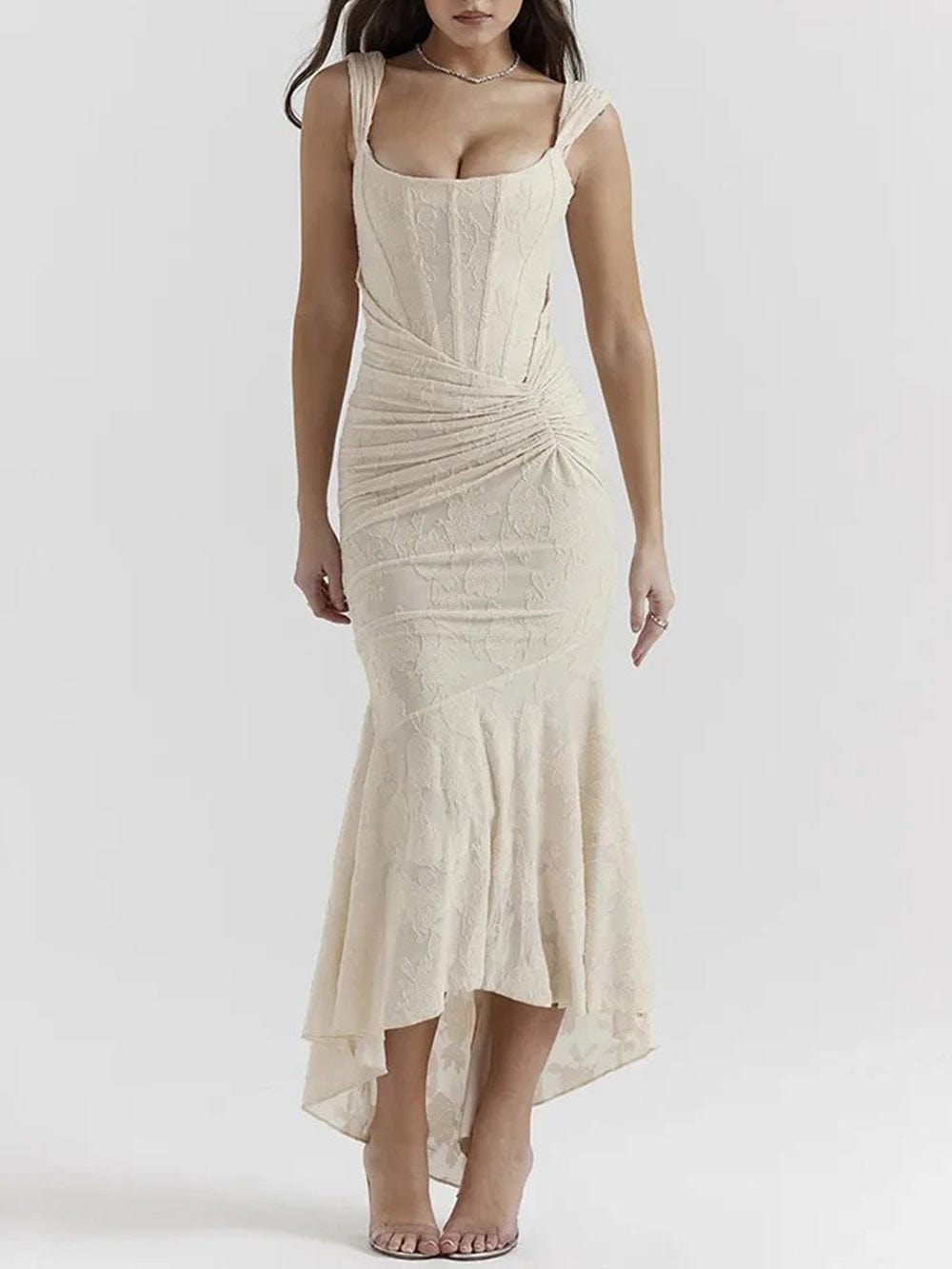 Sweetheart Corset Off-Shoulder Ruched Floral Jacquard High-Low Maxi Dress