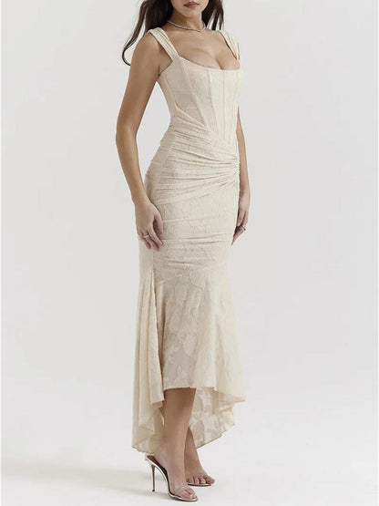 Sweetheart Corset Off-Shoulder Ruched Floral Jacquard High-Low Maxi Dress