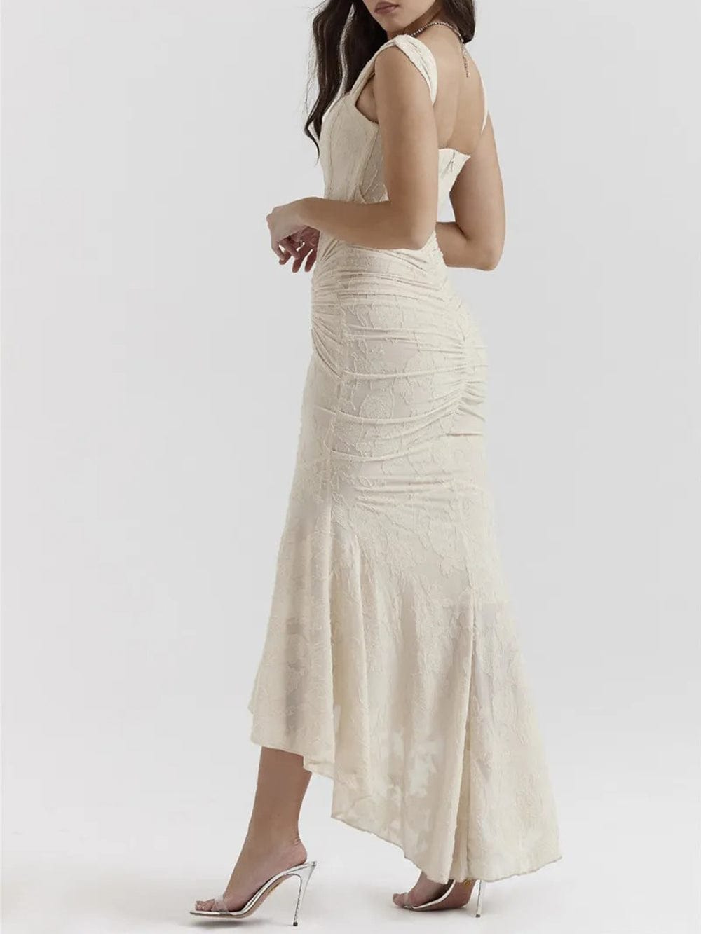 Sweetheart Corset Off-Shoulder Ruched Floral Jacquard High-Low Maxi Dress