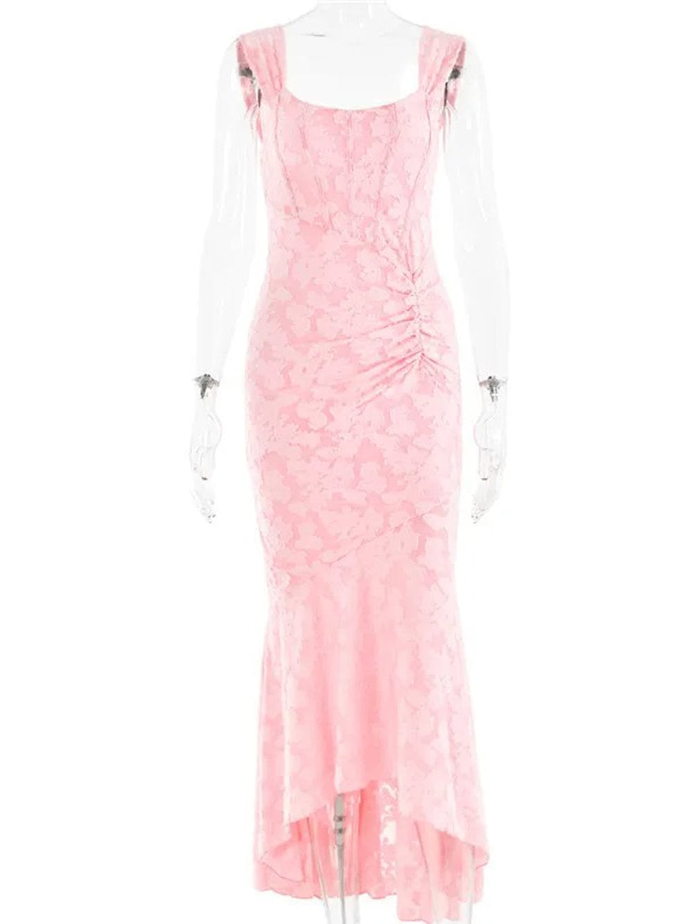 Sweetheart Corset Off-Shoulder Ruched Floral Jacquard High-Low Maxi Dress