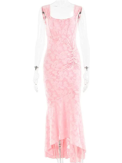 Sweetheart Corset Off-Shoulder Ruched Floral Jacquard High-Low Maxi Dress