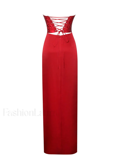 Kadesha Red Crystal High Graceful Slit Satin Corset Gown