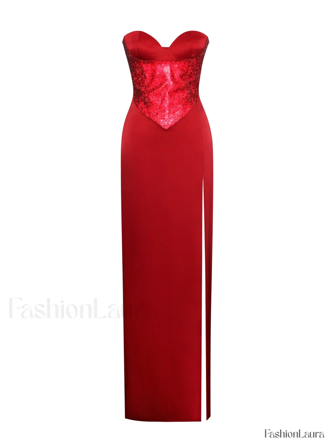 Kadesha Red Crystal High Graceful Slit Satin Corset Gown