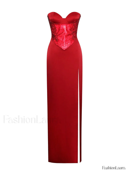 Kadesha Red Crystal High Graceful Slit Satin Corset Gown