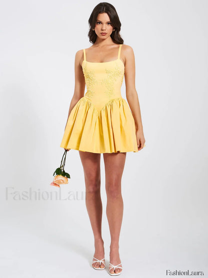Kadi Yellow Cotton Drop Graceful Waist Corset Mini Dress
