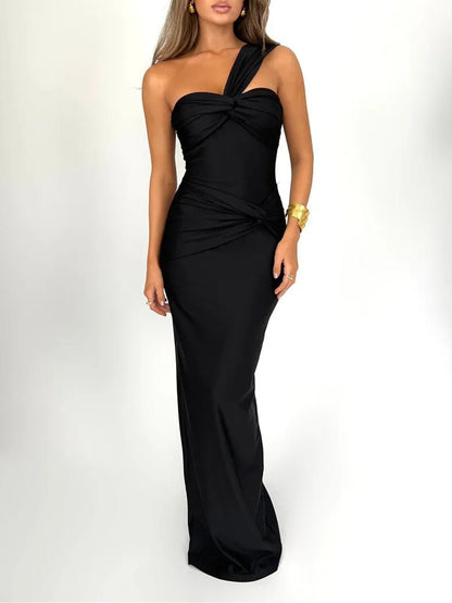 One-Shoulder Twisted Bust Hip Knot Ruched Column Maxi Gown