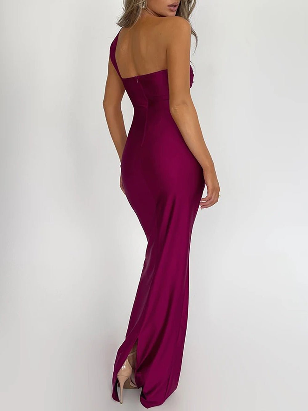 One-Shoulder Twisted Bust Hip Knot Ruched Column Maxi Gown