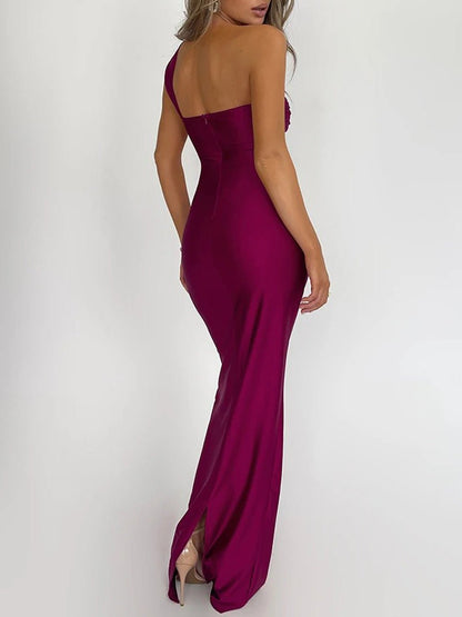 One-Shoulder Twisted Bust Hip Knot Ruched Column Maxi Gown