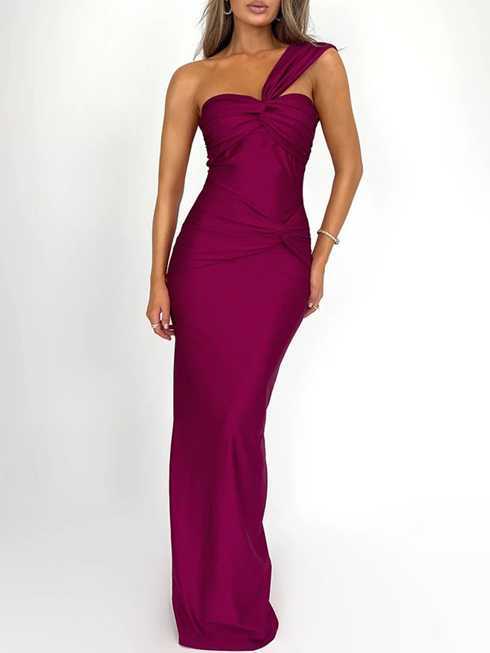 One-Shoulder Twisted Bust Hip Knot Ruched Column Maxi Gown