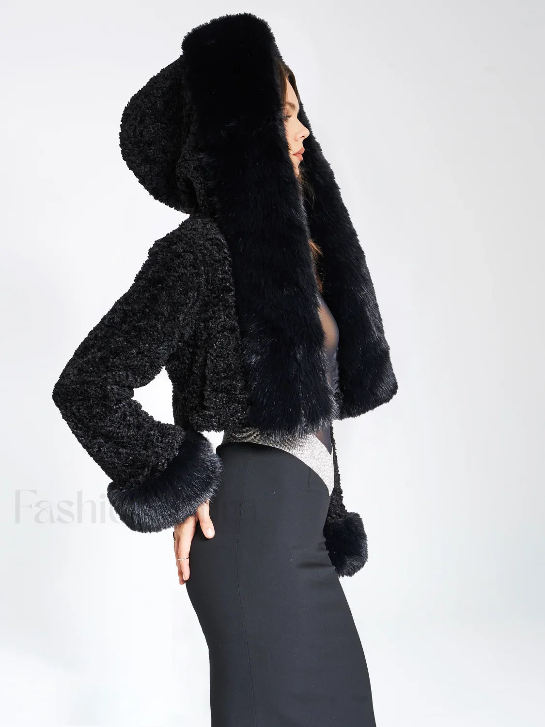 Kali Black Cropped Faux Graceful Fur Jacket With Hood