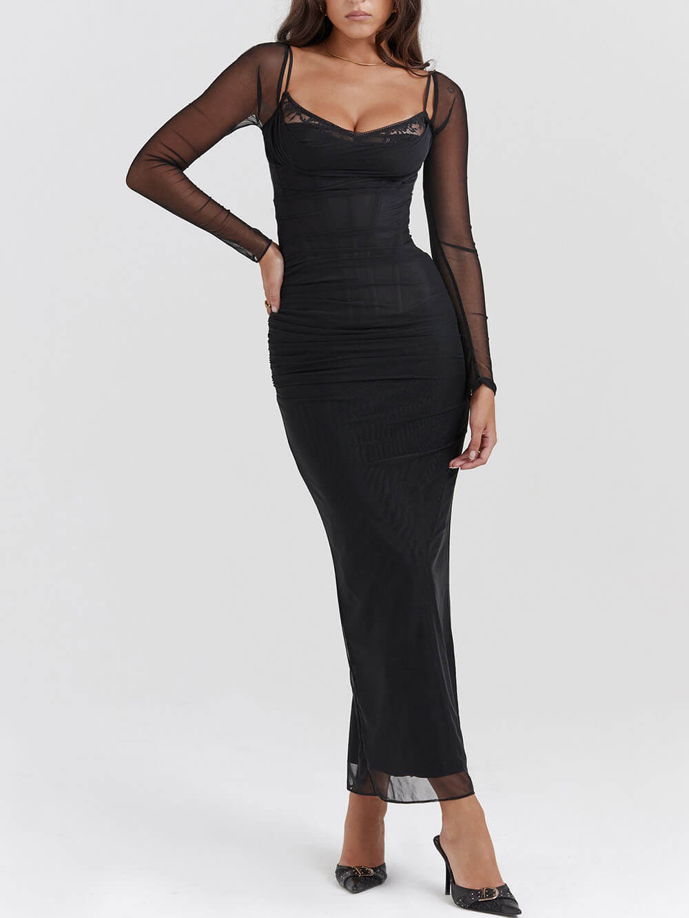 Sweetheart Lace Trim Mesh Sleeve Corset Bodice Ruched Maxi Dress