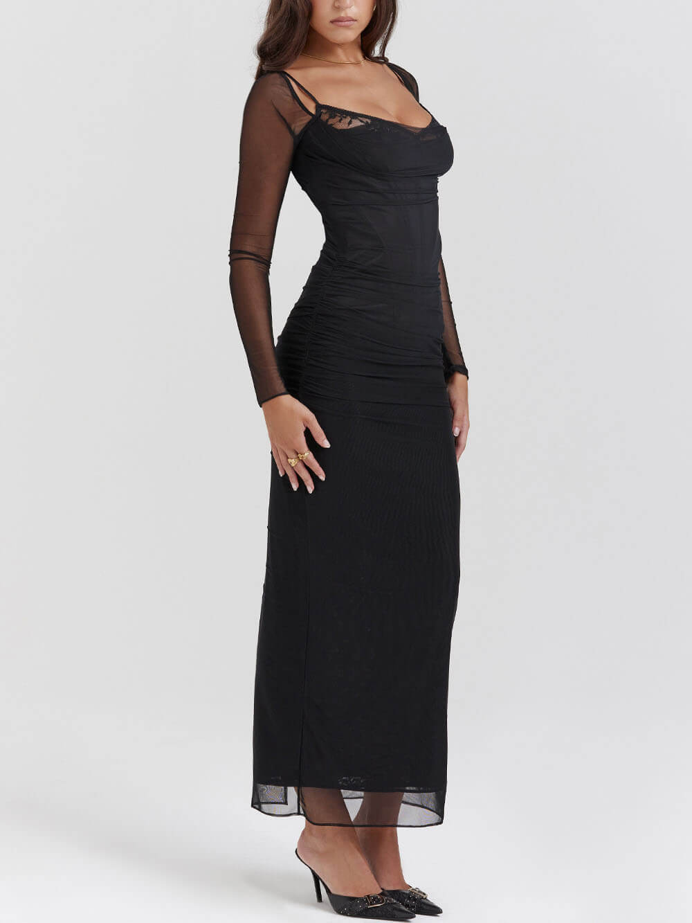 Sweetheart Lace Trim Mesh Sleeve Corset Bodice Ruched Maxi Dress