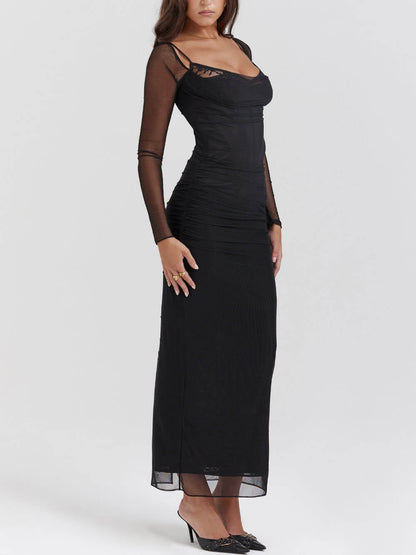 Sweetheart Lace Trim Mesh Sleeve Corset Bodice Ruched Maxi Dress