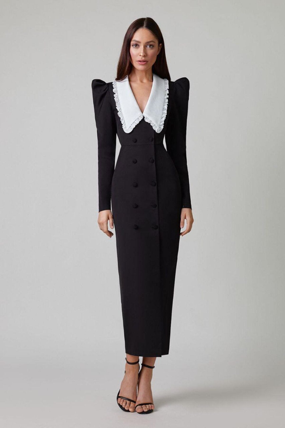 Peter Pan Collar Puff Shoulder Double Breasted Button High Slit Midi Dress