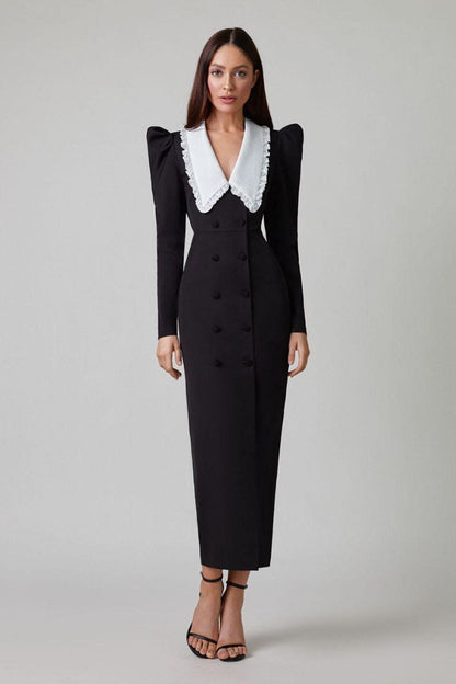 Peter Pan Collar Puff Shoulder Double Breasted Button High Slit Midi Dress