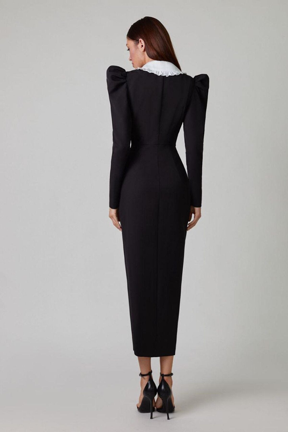 Peter Pan Collar Puff Shoulder Double Breasted Button High Slit Midi Dress