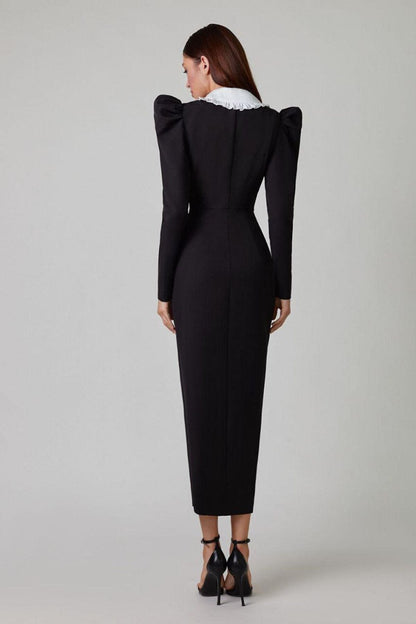 Peter Pan Collar Puff Shoulder Double Breasted Button High Slit Midi Dress