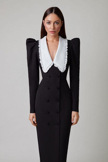 Peter Pan Collar Puff Shoulder Double Breasted Button High Slit Midi Dress